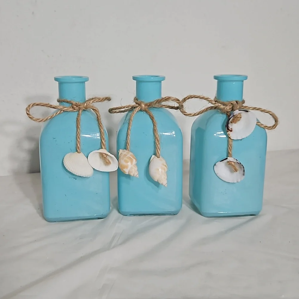 Hand Painted Light Blue Natural Twine Assorted Sea Shells Glass Jars - Picture 1 of 6